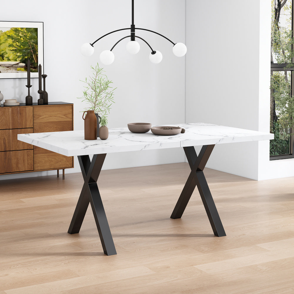 Uitbreekbare Eettafel – Uitklapbare Tafel – Verlengbare Tafel – Woonkamer Tafel – Keuken Tafel – Marmerlook Blad – Zwarte Metalen Poten – 140x80x76 cm – Wit MDF