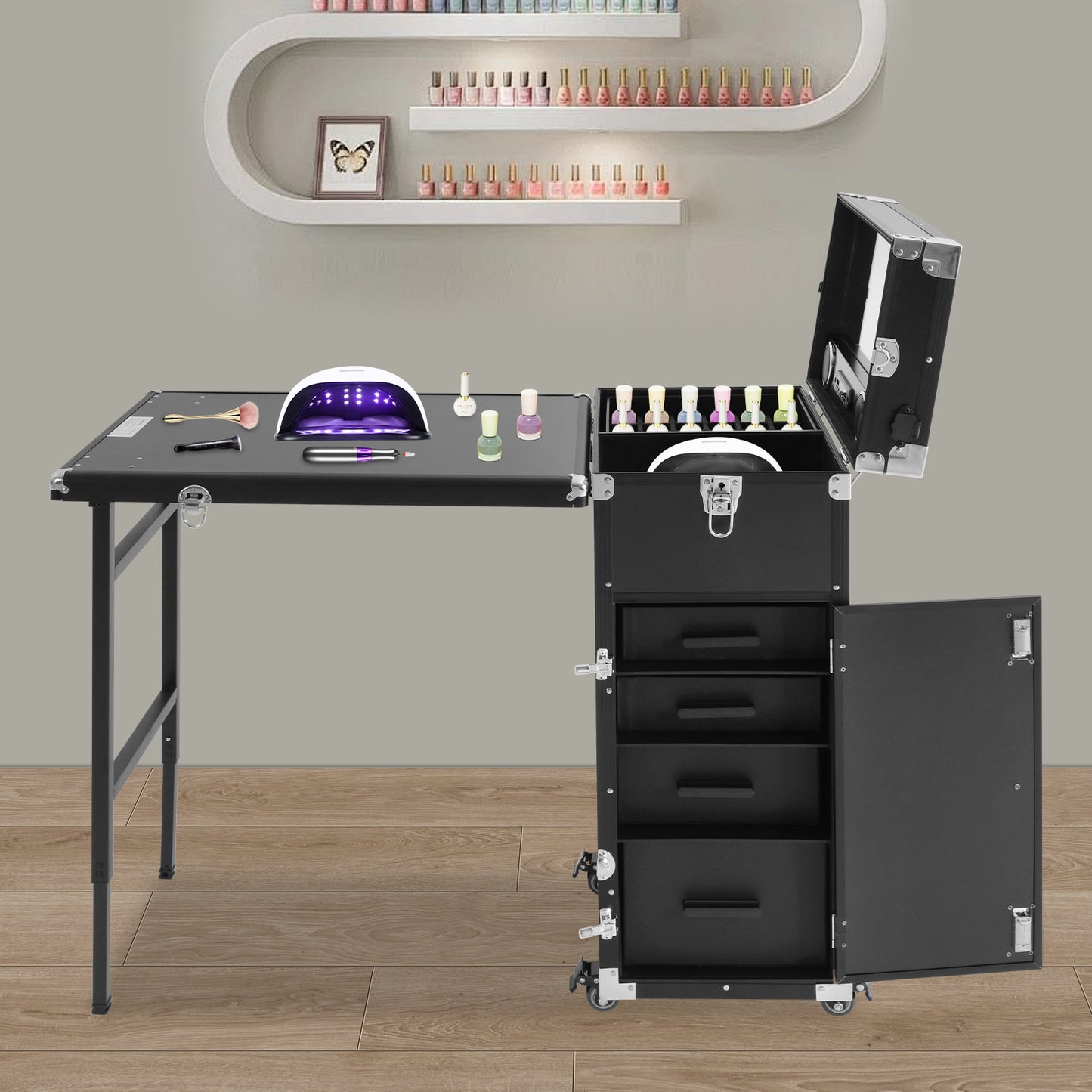 Heavy-Duty Rolling Manicure Table with Folding - Professional Makeup & Embroidery Trolley, Portable Cosmetic Case W/Spacious & Storage Organizer, Heavy-Resistant ABS/ Frame for Artists, Salons, Travel