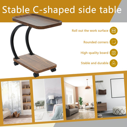 Bijzettafel – Sofa Tafel – Banktafeltje – Nachtkastje – Zijtafel – Vintage Design – Hout & Metaal – Wieltjes – Dubbel Plank – Walnoot – Geen Elektriciteit