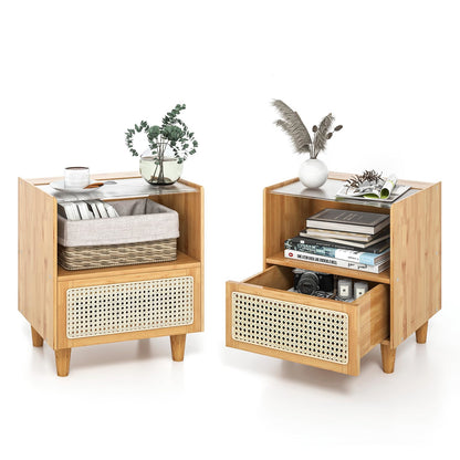 Nachtkastje – Nachtkastjes – Bijzettafel – Bedtafel – Ladekastje – Bamboe Met Rotan – Verstopte Opbergruimte – Natuurlijk Hout