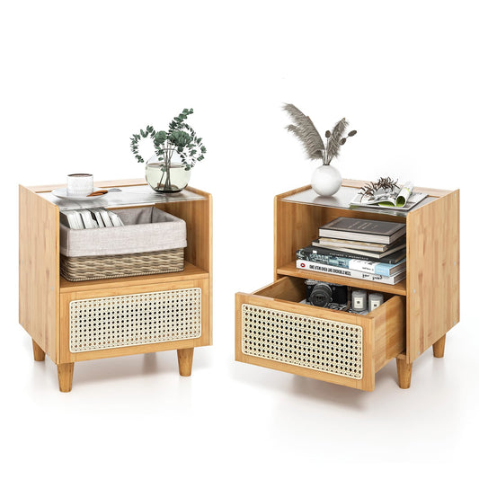 Nachtkastje – Nachtkastjes – Bijzettafel – Bedtafel – Ladekastje – Bamboe Met Rotan – Verstopte Opbergruimte – Natuurlijk Hout