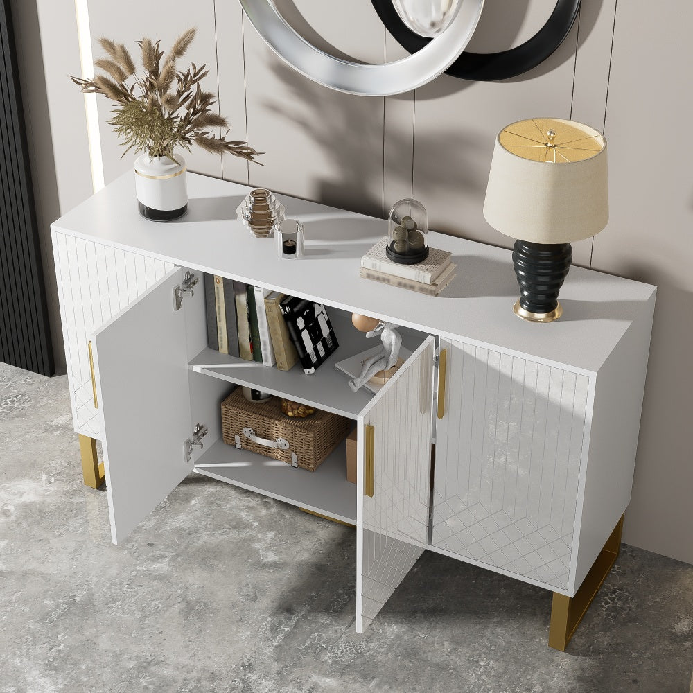Modern White Geometric Storage Cabinet with 4 Doors - Freestanding Organizer, Easy Assembly, Spacious Interior for Living Room, Dining Room, Entryway - Sturdy Metal Construction, Space-Saving Design (140x40x80cm/55x16x31.5in)