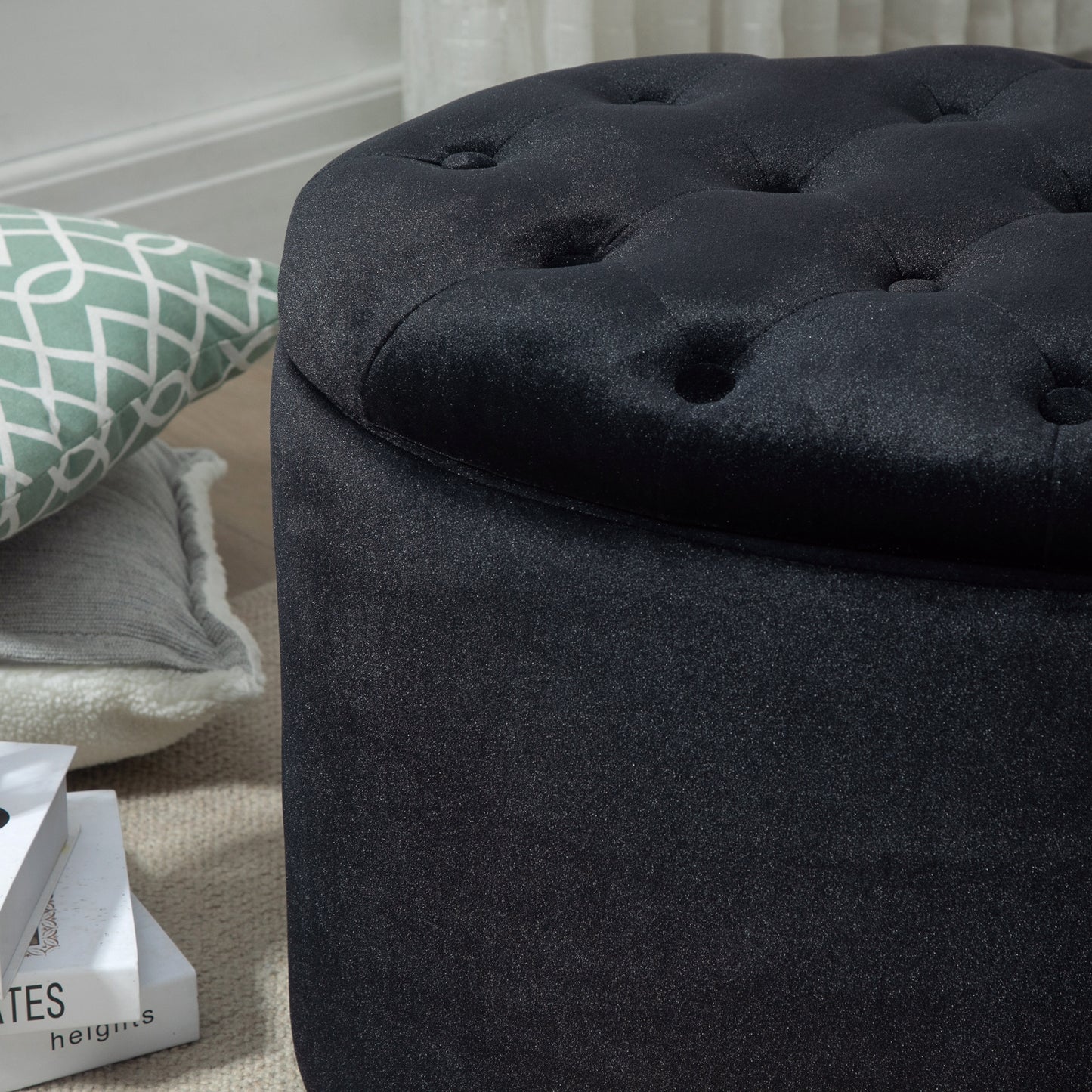 Opbergpoef – Opbergbank – Opbergbox – Zitkist – Voetenbank – Zwart Velvet-achtig Polyester – Ovaal 71x52x42 cm – Comfortabel Met Opbergruimte