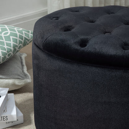 Opbergpoef – Opbergbank – Opbergbox – Zitkist – Voetenbank – Zwart Velvet-achtig Polyester – Ovaal 71x52x42 cm – Comfortabel Met Opbergruimte