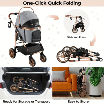Dierenwagen – Huisdier Stroller – Kattenwagen – Hondenwagen – Draagmand – 25 kg Capaciteit – 4 Schokabsorberende Wielen – Champagne Golden Black