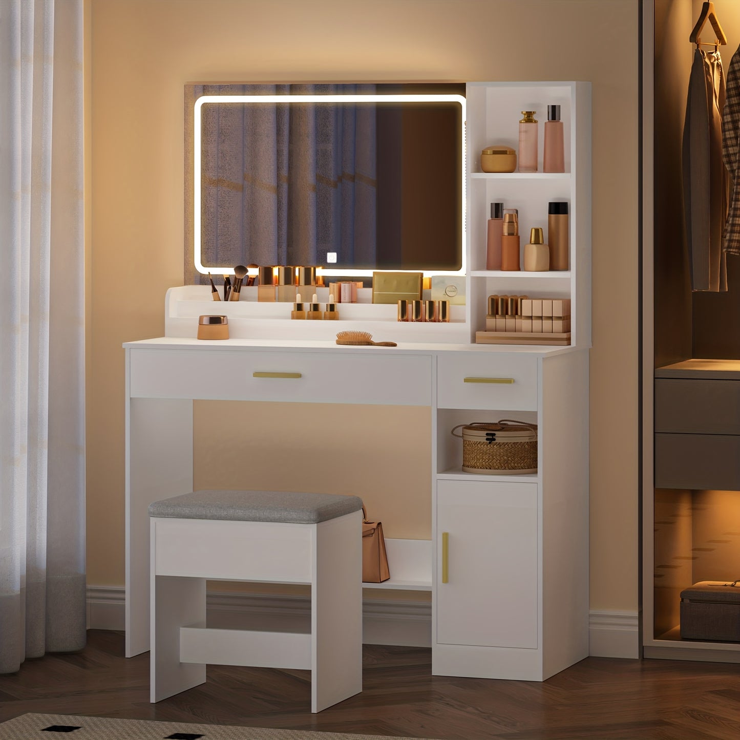 Kaptafel – Make-uptafel – Schminktisch – Toilettafel – Dressing Table – Wit – Grote Spiegel 69x50 cm – 2 Ruime Lades en Opbergvakken