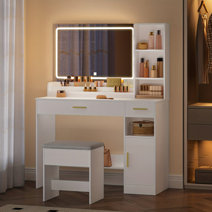 Kaptafel – Make-uptafel – Schminktisch – Toilettafel – Dressing Table – Wit – Grote Spiegel 69x50 cm – 2 Ruime Lades en Opbergvakken