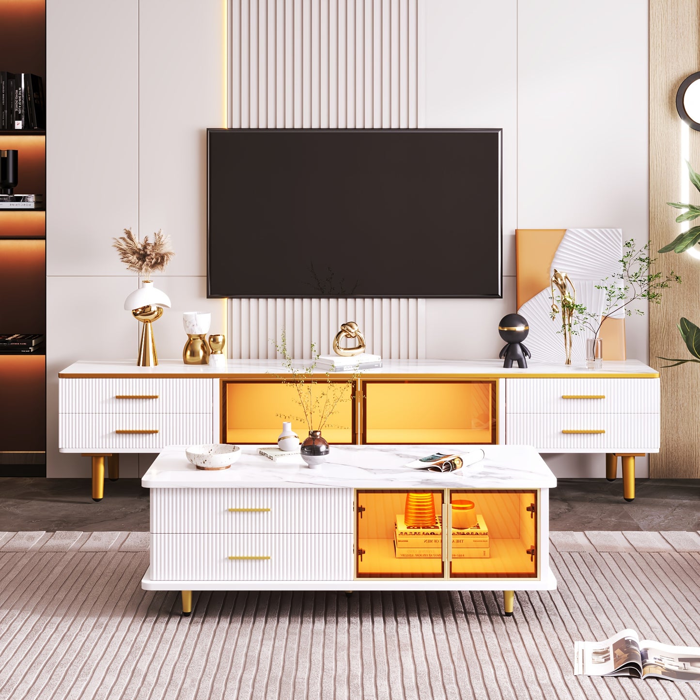tv-meubel – tv-kast – tv-dressoir – televisie meubel – media meubel – wit met marmerlook – 4 lades – duurzaam niet-hout materiaal – 170x37x47,5 cm – gouden details