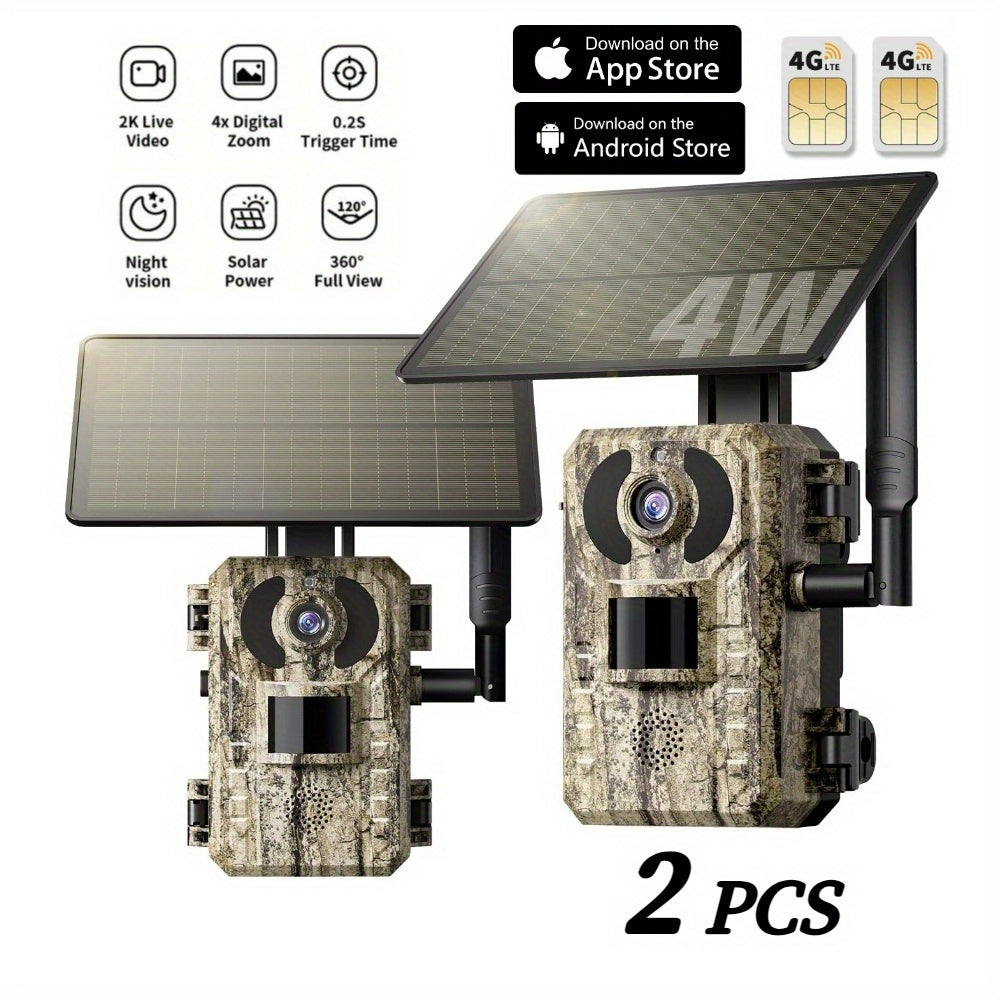 Draadloze 4G Wildcamera – Jachtcamera – Natuurcamera – Bewegingscamera – Beveiligingscamera – 2K HD Resolutie – Zonnepaneel - set van 4 Stuks