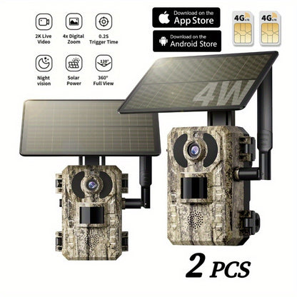 Draadloze 4G Wildcamera – Jachtcamera – Natuurcamera – Bewegingscamera – Beveiligingscamera – 2K HD Resolutie – Zonnepaneel - set van 4 Stuks