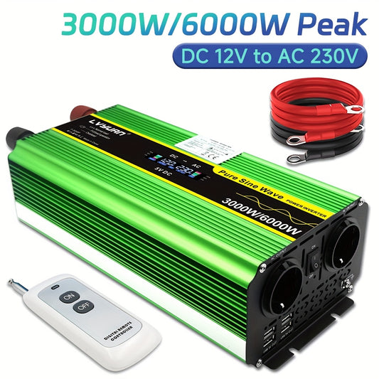 Zuivere Sinusgolf Omvormer – Stroomomzetter – Spanning Converter – DC naar AC Adapter – Power Inverter 3000W Continuvermogen – LCD Display & Dubbele EU Stopcontacten