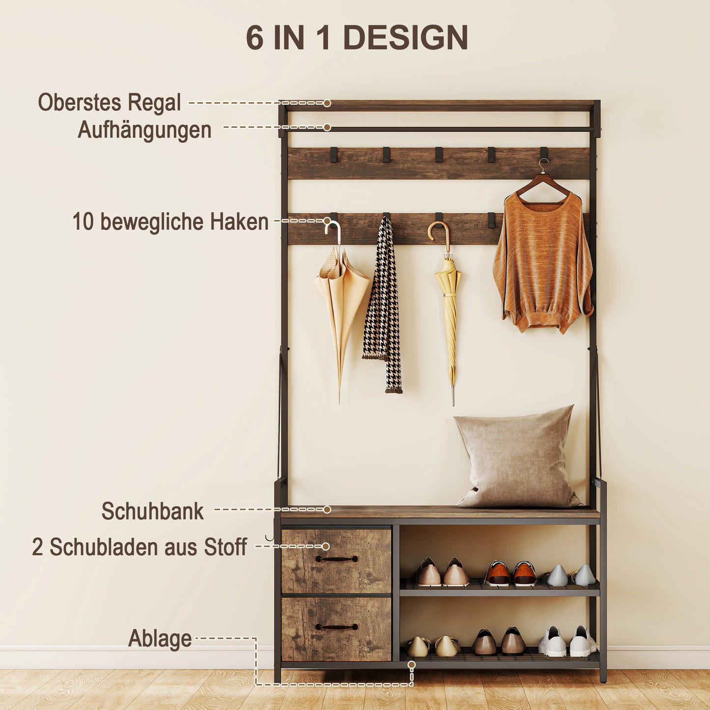 Kapstok – Wandkapstok – Schoenenrek – Zitbank – Opbergkast – Industrieel Design – 10 Haken & 2 Stoffen Lades – Metaal Bruin