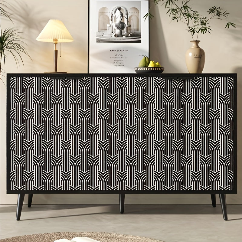 Modern Large Herringbone Storage Cabinet with Black & White Carved Doors - Freestanding Metal Frame (120x35x78cm) - White & Black Contemporary Furniture, Anti-Tip Design, Easy Assembly for Dining Room, Living Room, Bedroom -