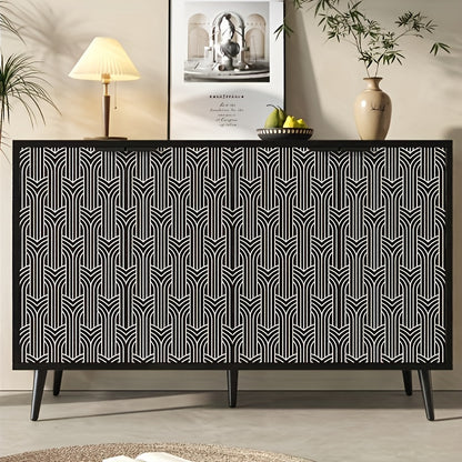 Modern Large Herringbone Storage Cabinet with Black & White Carved Doors - Freestanding Metal Frame (120x35x78cm) - White & Black Contemporary Furniture, Anti-Tip Design, Easy Assembly for Dining Room, Living Room, Bedroom -