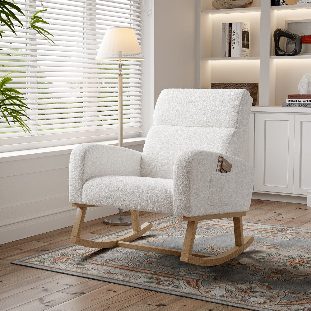 Schommelstoel – Relaxstoel – Fauteuil – Voedingsstoel – Loungestoel – Lammywol Bekleding – Ergonomische Hoge Rugleuning – Zijzakken – Wit