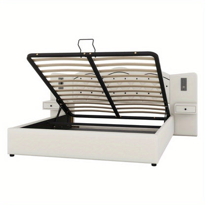 Bedframe – Ledikant – Slaapbank – Boxspring – Bed met Opbergruimte – Beige – Hydraulische Lift – Geïntegreerd Hoofdbord – 180x200 cm – Zachte Stof