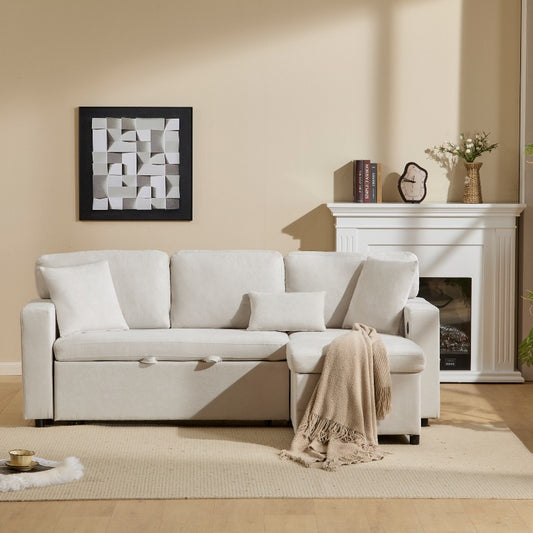 Hoekbank Bedbank – L-vormige Slaapbank – U-bank – Sofa Met Opberglade – Beige Stof – Moderne Woonkamer – Met Opbergruimte – Pull-out Slaapfunctie