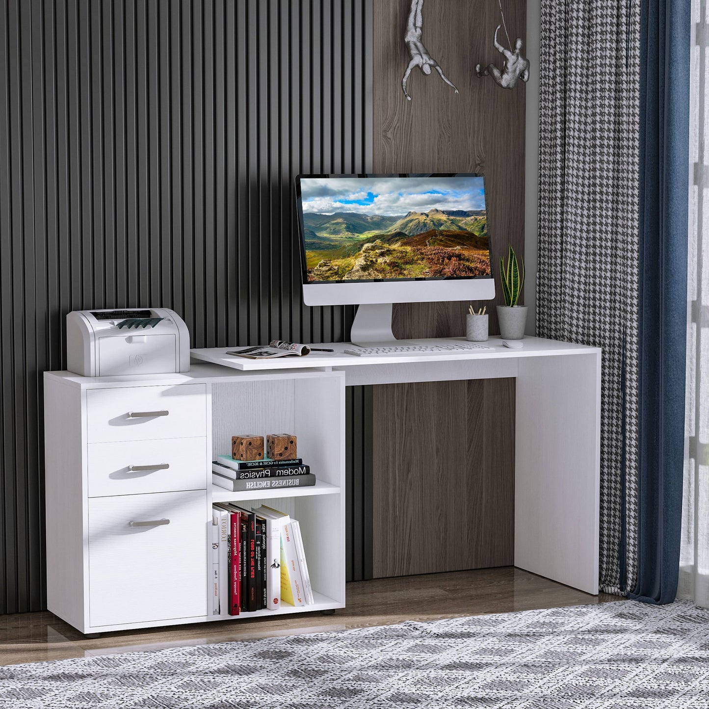 Hoekbureau – Computerbureau – Bureautafel – Modulair Bureau – Eettafel – MDF Wit – 2 Configuraties – 3 Lades & 2 Open Vakken