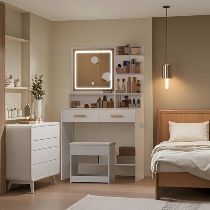 Make-up Tafel – Schminktafel – Visagie Tafel – Kaptafel – Make-up Bureau – Verstelbare LED-verlichting – USB Oplaadstation – Wit – 2 Laden – Zachte Kruk