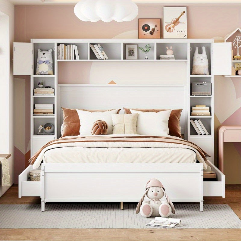 Bedframe – Tweepersoonsbed – Opbergbed – Ladebed – Slaapbank – Moderne Witte Kleur – 4 Lades & Kast – Lattenbodem 3,56x5,08 m – Ruimtebesparend Ontwerp