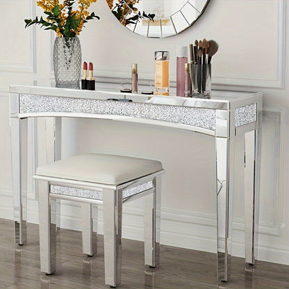 Spiegelende Sidetable – Console Tafel – Bijzettafel – Halmeubel – Make-uptafel – Glamoureuze Diamantkristal Afwerking – 120x35x80,5 cm – Glas en Hout
