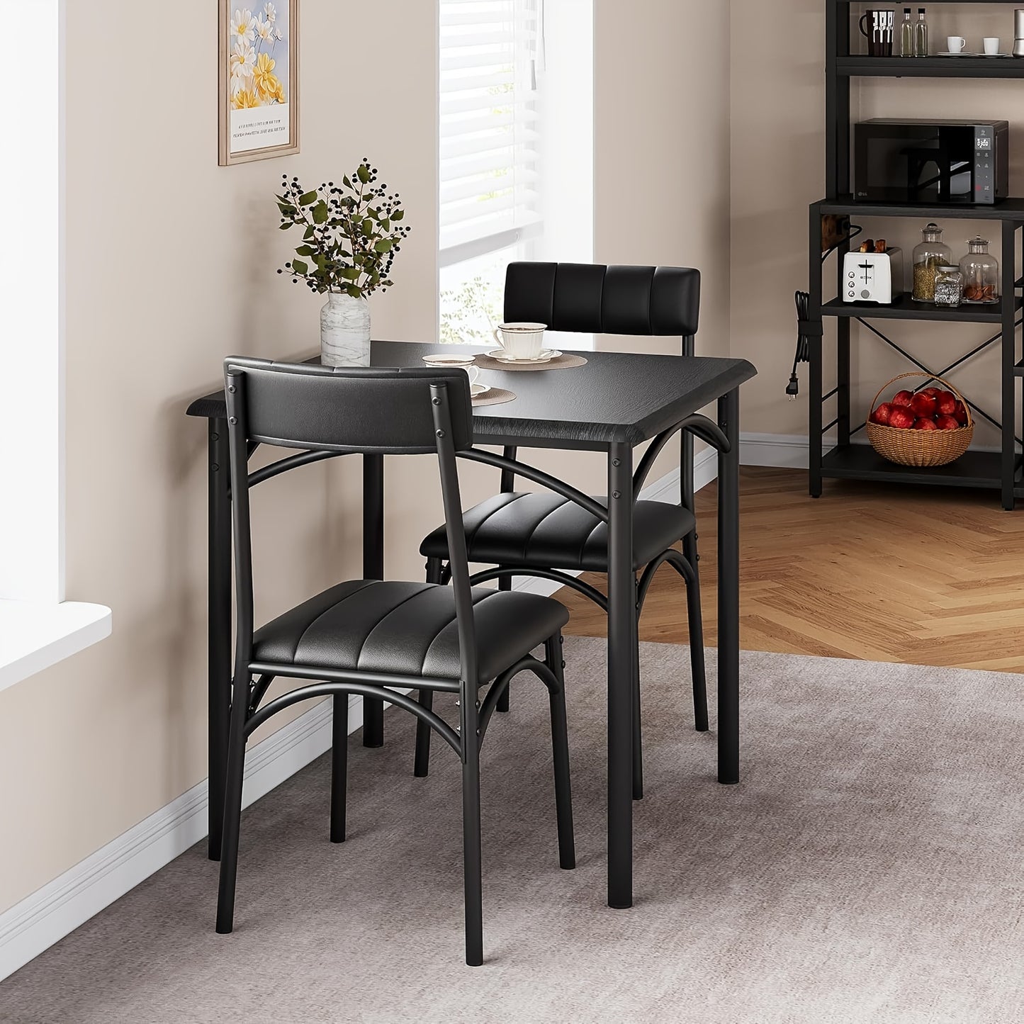 Eettafelset – Eettafel Met Stoelen – Dining Set – Keukentafel – Bistro Set – Zwarte MDF Tafel – Comfortabele Gestoffeerde Stoelen – Compact Ruimtebesparend Design