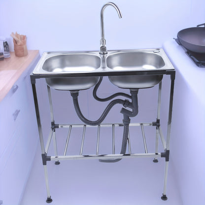 Double Bowl Kitchen Sink, Freestanding Sink with Hot And Cold Water Faucet, Portable Sink with Drain Kit Suitable for Camping, Balcony, Garage