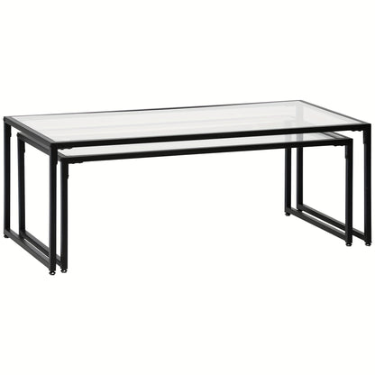 Salontafel Set – Bijzettafel – Glazen Tafel – Sofa Tafel – Woonkamertafel – Zwart Stalen Frame – Ruimtebesparend Design – Helder Glasblad