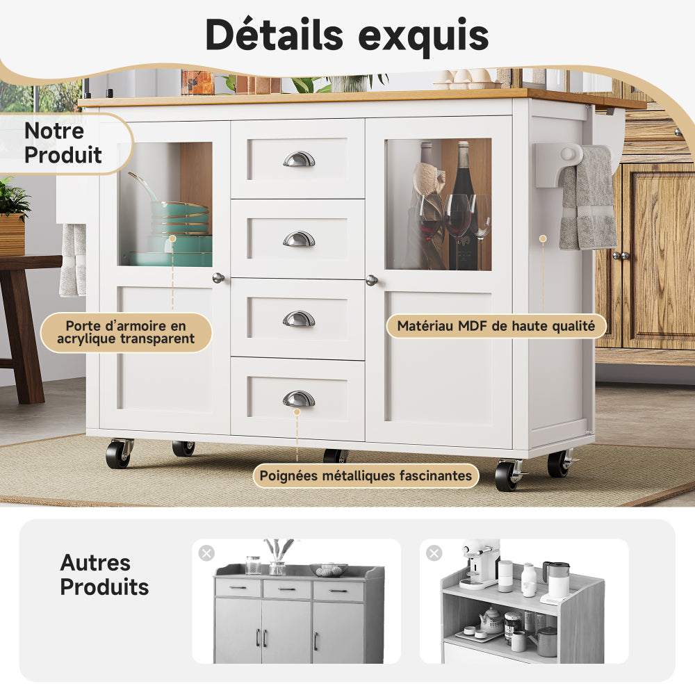 White Mobile Kitchen Island Cart with 4 Drawers, 2 Doors & Adjustable Shelves - Heavy-Duty Metal Frame on Locking Casters, Pull-Out Trolley, Spice Rack & Towel Rail - Compact Rolling Cabinet for Small Spaces, Easy Assembly (N