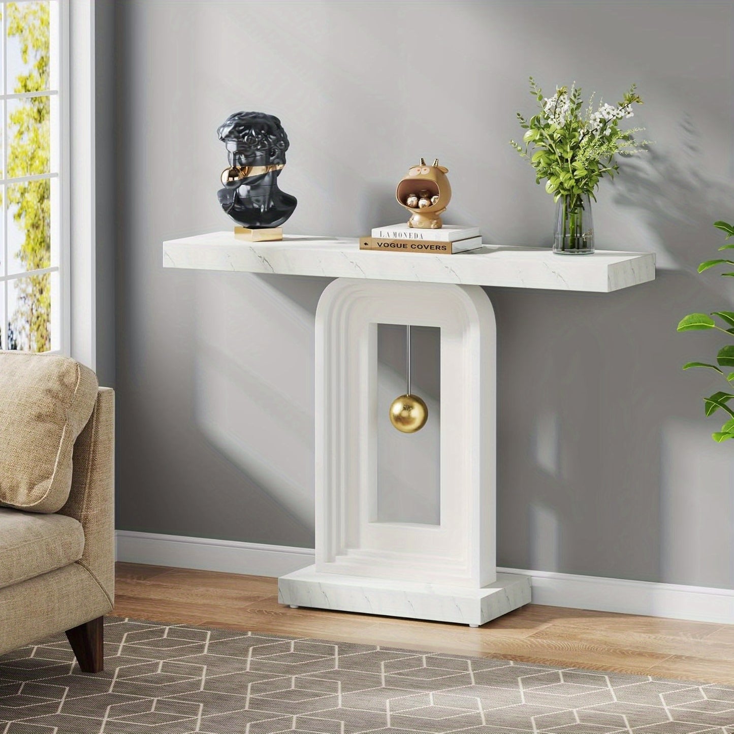 Sidetable – Consoletafel – Haltafel – Sofa Tafel – Narrow Table – Wit Kunstmarmer Blad – Pendulum Vormige Houten Onderstel – Modern Minimalistisch Design – Duurzaam MDF