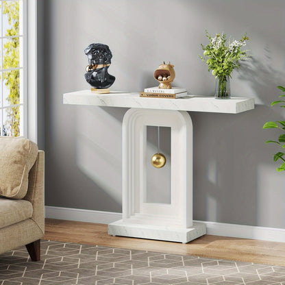 Sidetable – Consoletafel – Haltafel – Sofa Tafel – Narrow Table – Wit Kunstmarmer Blad – Pendulum Vormige Houten Onderstel – Modern Minimalistisch Design – Duurzaam MDF