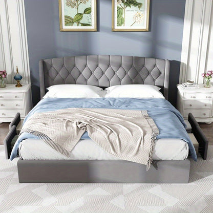 Bedframe – Stoffen Bed – Tweepersoonsbed – Opbergbed – Slaapbank – 180x200 cm – Met 4 Opberglades – Stevige Draadbodem