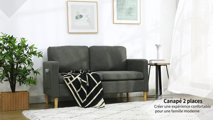 Bankstel – 2-Zitsbank – Zitbank – Sofa – Loveseat – Scandinavisch Design – Grijze Linnenlook Stof – Met Opbergvakjes Armleuningen – Massief Beukenhouten Poten
