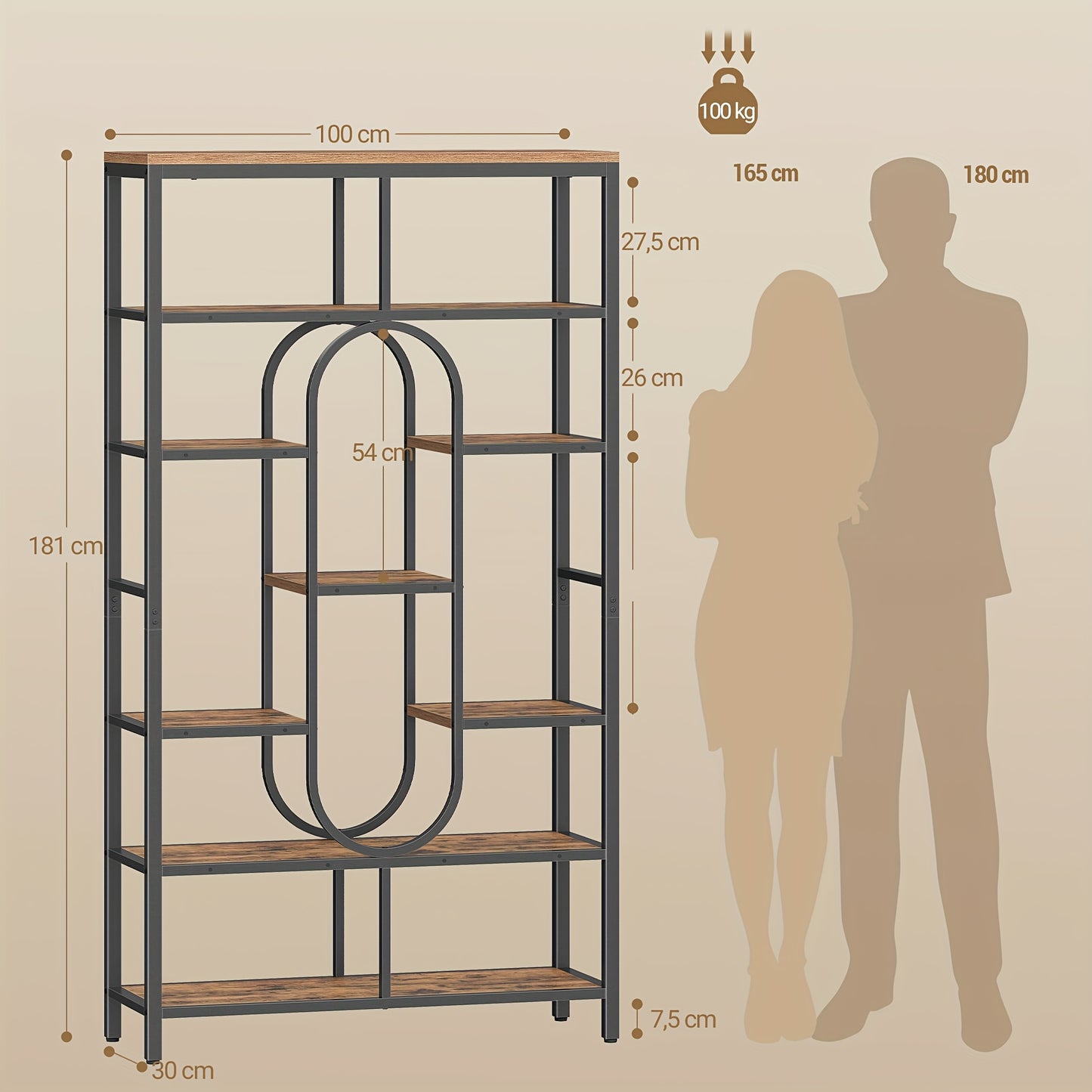 Boekenkast – Vakkenkast – Staande Plank – Roomdivider – Opbergkast – Vintage Bruin-Zwart – 7 Lagen Met 9 Planken – Stevig Stalen Frame 30x100x180 cm