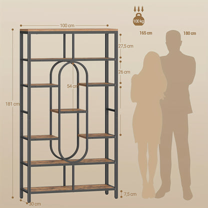 Boekenkast – Vakkenkast – Staande Plank – Roomdivider – Opbergkast – Vintage Bruin-Zwart – 7 Lagen Met 9 Planken – Stevig Stalen Frame 30x100x180 cm