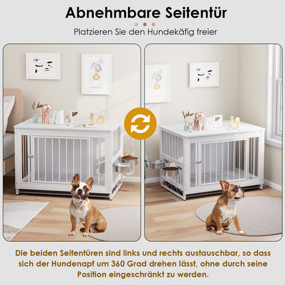 Hondenbench – Hondenren – Kattenren – Hondenhok – Kattenhuis – Houten MDF & Metaal – Afneembare Tray & 2 RVS Voerbakken – 93x58x64 cm – Voor Huisdieren Tot 40 kg