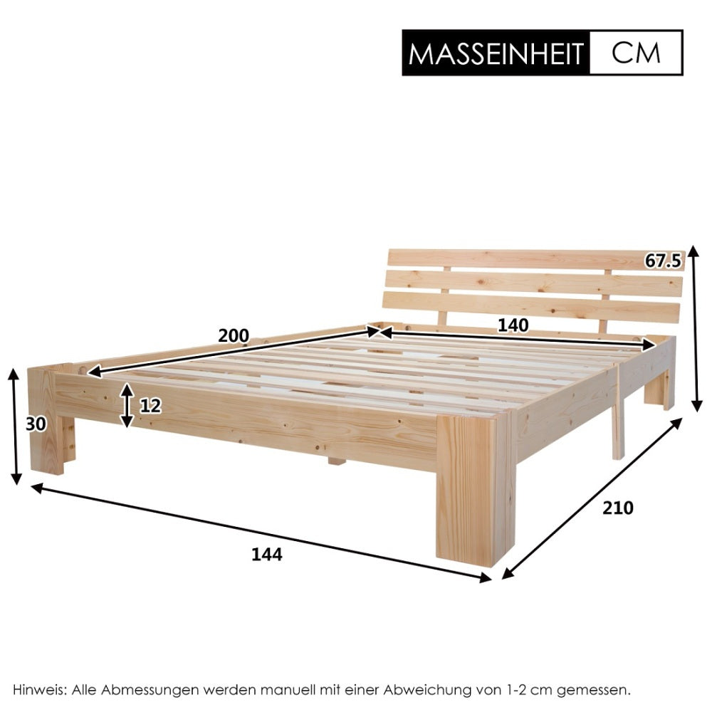 Massief Houten Tweepersoonsbed – Houten Bed – Slaapbank – Bedframe – Slaapmeubel – Massief Dennenhout – Inclusief Hoofdbord en Lattenbodem – 200x140 cm – Duurzaam & Eenvoudig Te Monteren