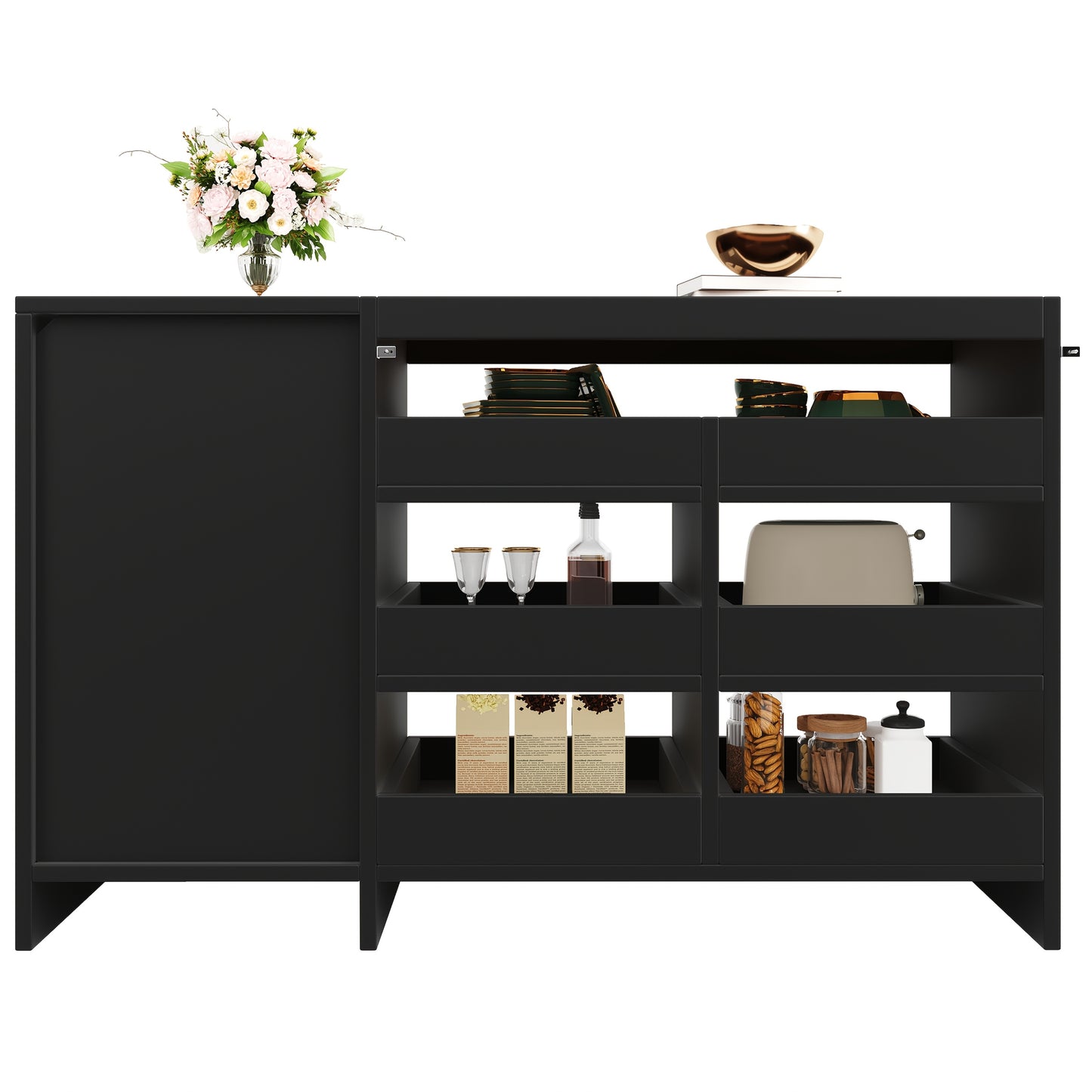 Dressoir – Buffet – Opbergkast – Kast – Meubel – Zwart – 6 Ruime Lades – Uniek Hollow-Deurontwerp