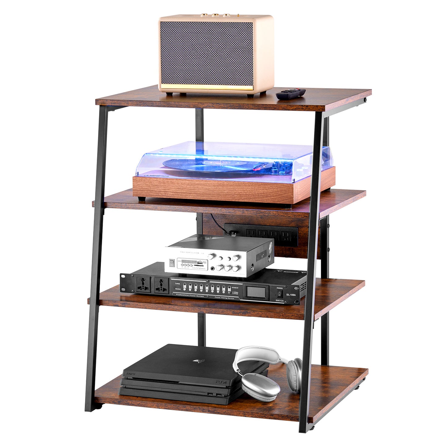 AV Media Stand – Audio Video Meubel – Tv Kast – Entertainment Rack – Multimedia Meubel – 4-Lagen Design – LED Verlichting & Ingebouwde Stopcontacten