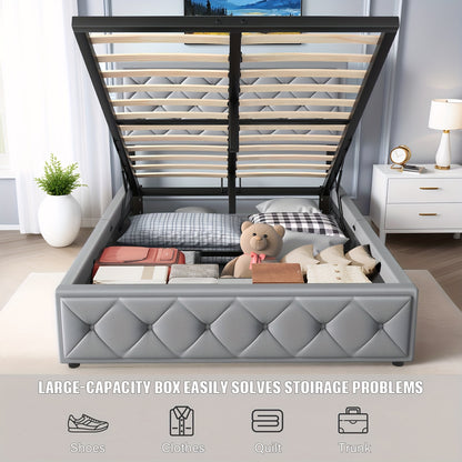 Gestoffeerd Tweepersoonsbed – Opbergbed – Bedframe Met Opbergruimte – Slaapbed – Hydraulisch Bed – Grijs – 140x200 cm – Handig Hydraulisch Liftmechanisme