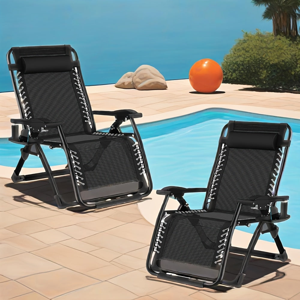 2-Pack Oversized Foldable Zero Gravity Chair, Extra Wide 83CM Folding Outdoor Garden Reclining Patio Lounge Chair With 170 X 50 Cm Cushion And Cup Holder- Ergonomic Adjustable Reclining Folding Outdoor Chairs, Load Capacity U