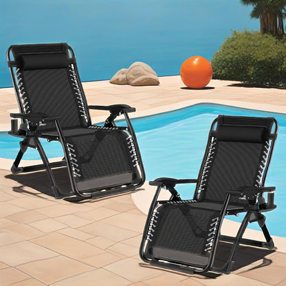 2-Pack Oversized Foldable Zero Gravity Chair, Extra Wide 83CM Folding Outdoor Garden Reclining Patio Lounge Chair With 170 X 50 Cm Cushion And Cup Holder- Ergonomic Adjustable Reclining Folding Outdoor Chairs, Load Capacity U