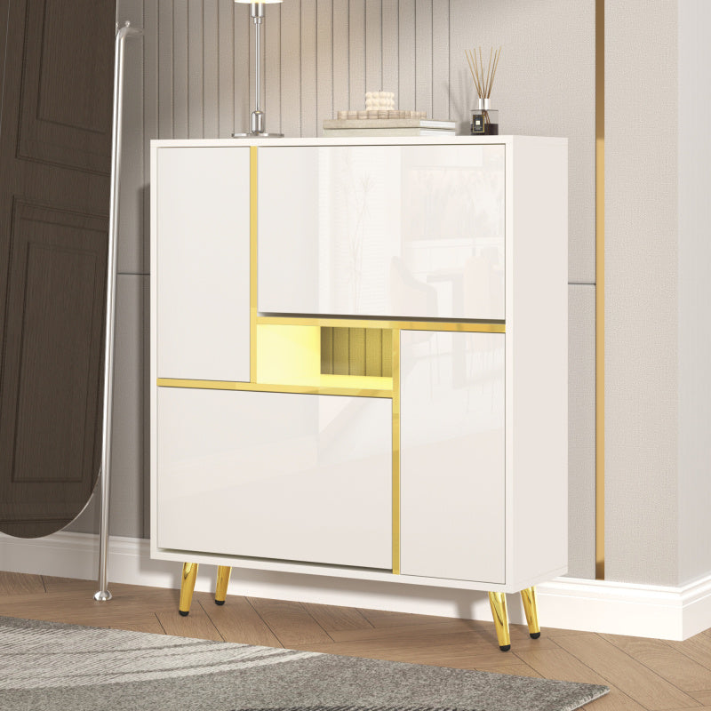 Schoenenkast – Schoenenrek – Schoenenopberger – Schoenenmeubel – Schoenenbank – Hoogglans Front – 16-Kleuren LED Verlichting – 80x25x96 cm – Draagkracht 4 kg – Gouden Metalen Frame – Ruimtebesparend Design