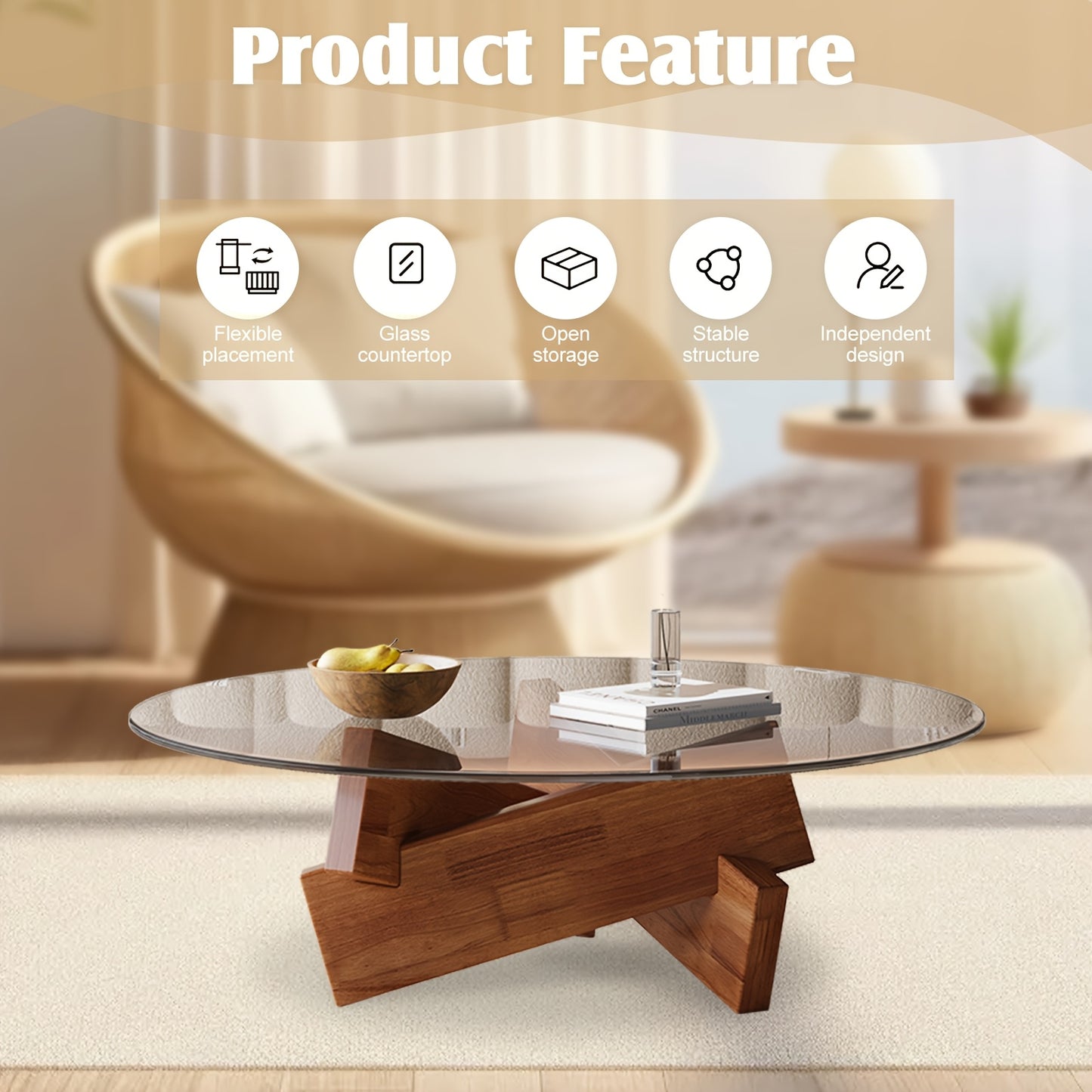 Ronde Salontafel – Koffietafel – Bijzettafel – Glazen Tafel – Woonkamer Tafel – Small Gray – Helder Glas Blad – Geometrisch Houten Onderstel – 70 cm Diameter – Eenvoudige Montage