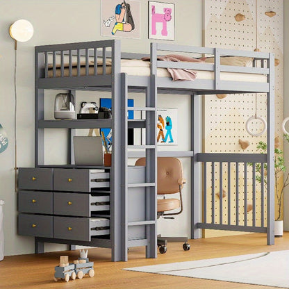Hoogslaper – Eenpersoonsbed – Stapelbed – Bed met Opberglades – Bed met Ladder – 90x200 cm – Grijs Metaal – Ruimtebesparend Design – Stevige Metalen Constructie