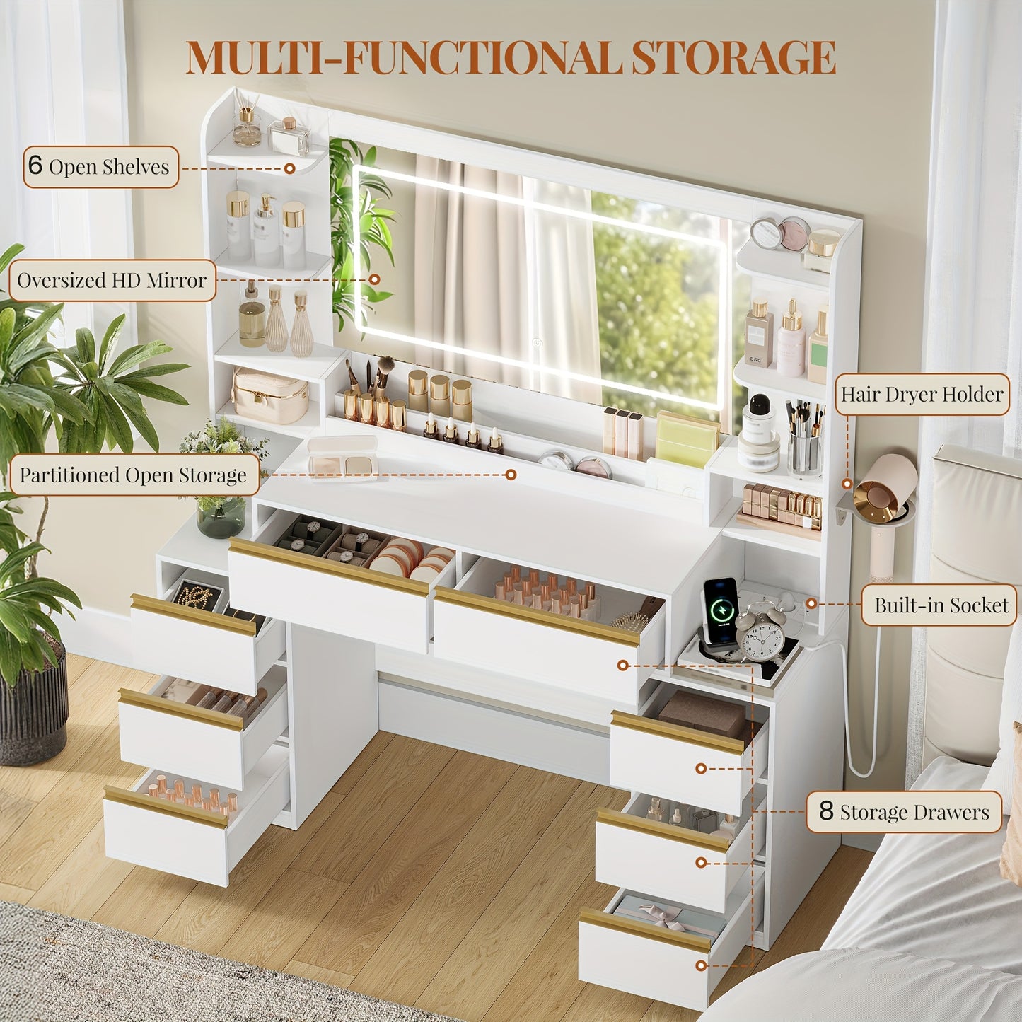 Kaptafel – Make-up Tafel – Opmaaktafel – Beautytafel – Cosmeticatafel – Grote Spiegel – Haardrogerhouder – 8 Lades – Hout – Modern Wit – 135x40x145 cm