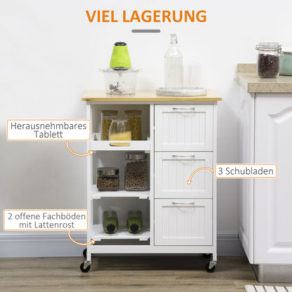White Heavy-Duty Mobile Kitchen Cart with 3 Drawers & 3 Shelves, Rolling Storage Trolley with Worktop, Compact Space-Saving Design on 4-Wheels, Easy Assembly, Non-Wood (Metal/Like) for Small Kitchens, Pantry, Apartments (67