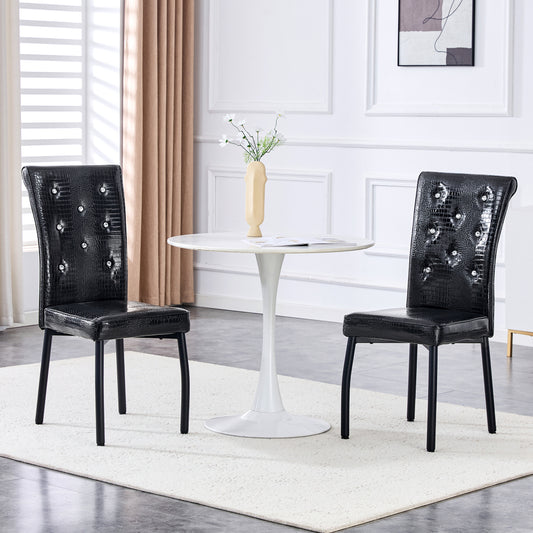 A Set of Two Black Vintage Crocodile-Patterned Upholstered Dining Chairs | Featuring Crystal Buckle Detailing And Faux Leather Accents, Lends an Air of Elegance And Mystery to The Dining Area, Suitable for Hard Floors, Wipe C