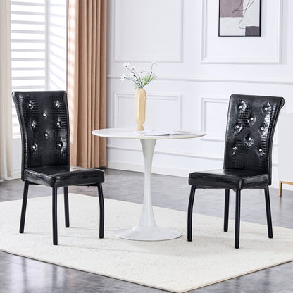A Set of Two Black Vintage Crocodile-Patterned Upholstered Dining Chairs | Featuring Crystal Buckle Detailing And Faux Leather Accents, Lends an Air of Elegance And Mystery to The Dining Area, Suitable for Hard Floors, Wipe C