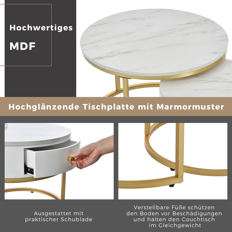 Salontafel – Koffietafel – Bijzettafel – Nachtkastje – Woonkamertafel – Hoogglans Marmerpatroon – Set van 2 Ronde Nesting Tafels 70x70 & 50x50 cm